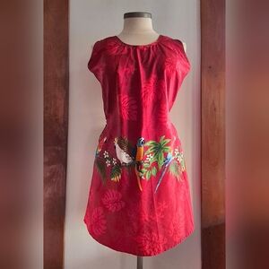 Tropical Red Sleeveless Beach Dress with Parrot Design